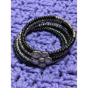 Black and Silvertone Beaded Wire Wrap Bracelet Flower